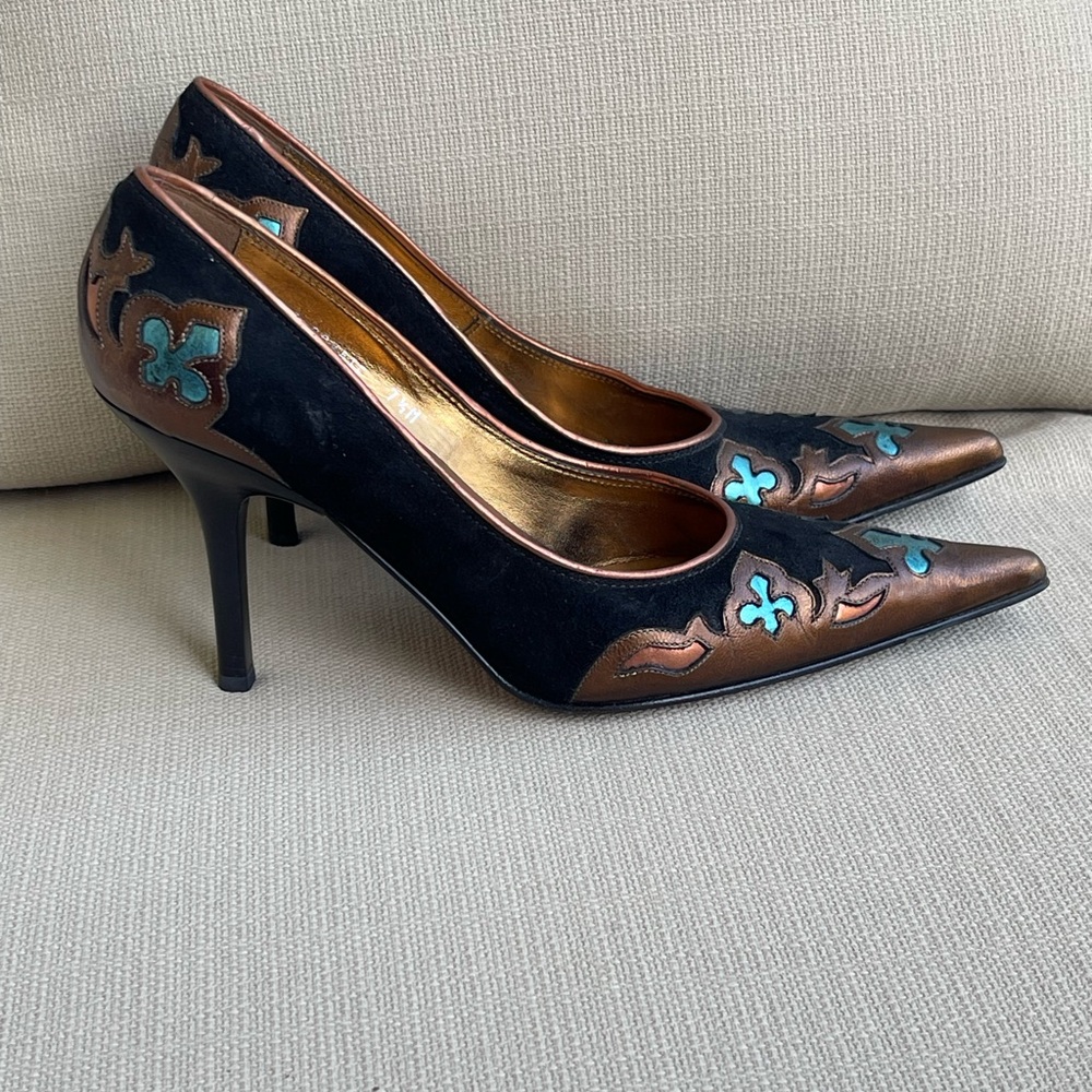 Donald J. Pliner COYATE Black Pumps with Bronze Panels and Turquoise Inlay 7.5M